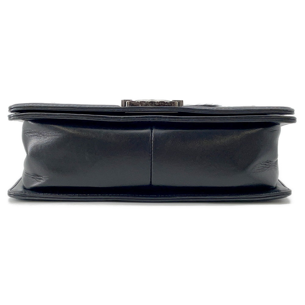 Chanel Boy ChainShoulder Fur Black Leather Shoulder Bag