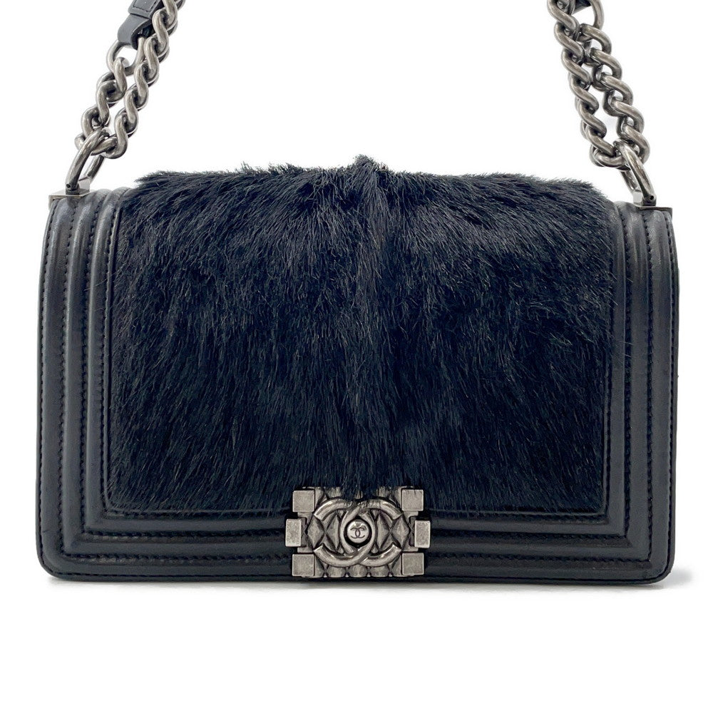 Chanel Boy ChainShoulder Fur Black Leather Shoulder Bag 2