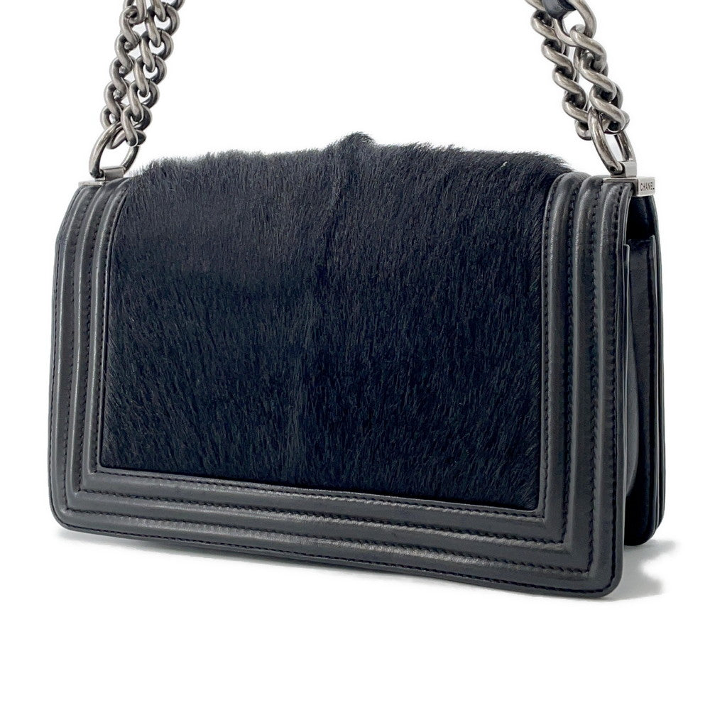 Chanel Boy ChainShoulder Fur Black Leather Shoulder Bag 2