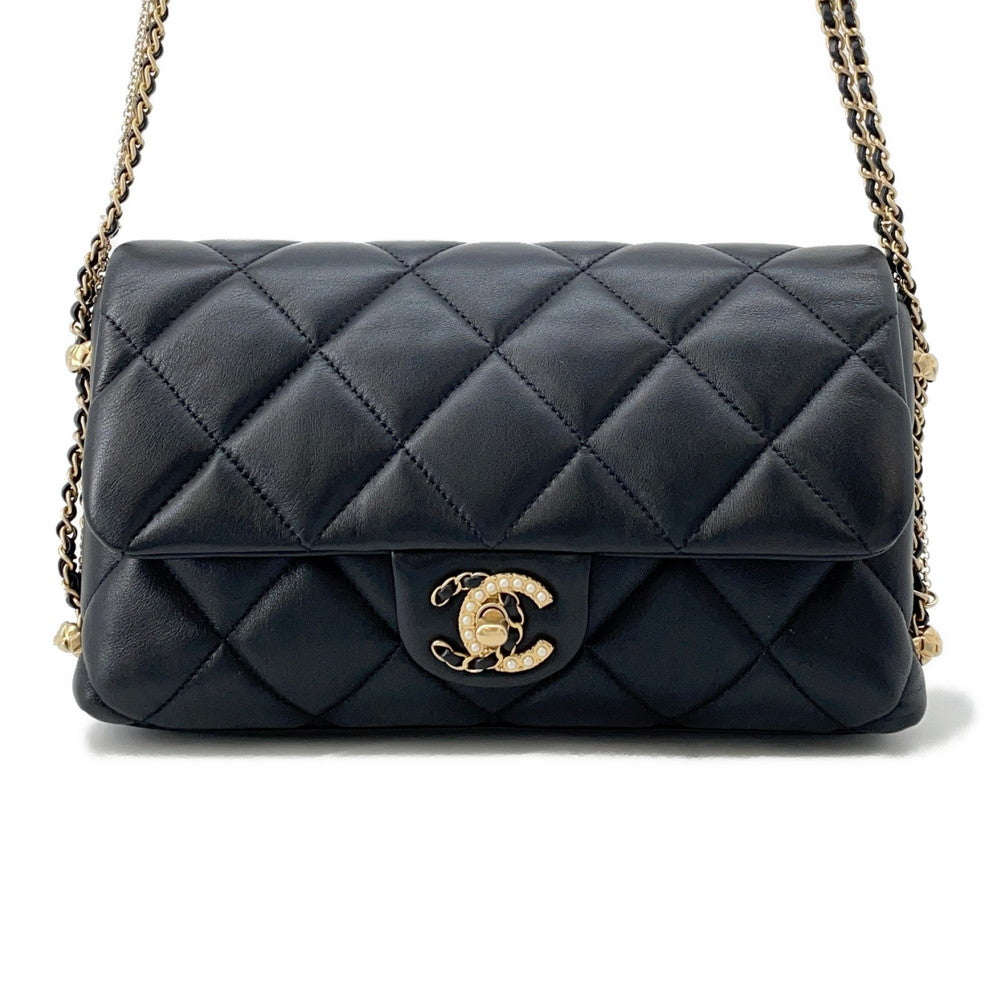 Chanel Matelasse ChainShoulder Lambskin Faux Pearl Black Shoulder Bag