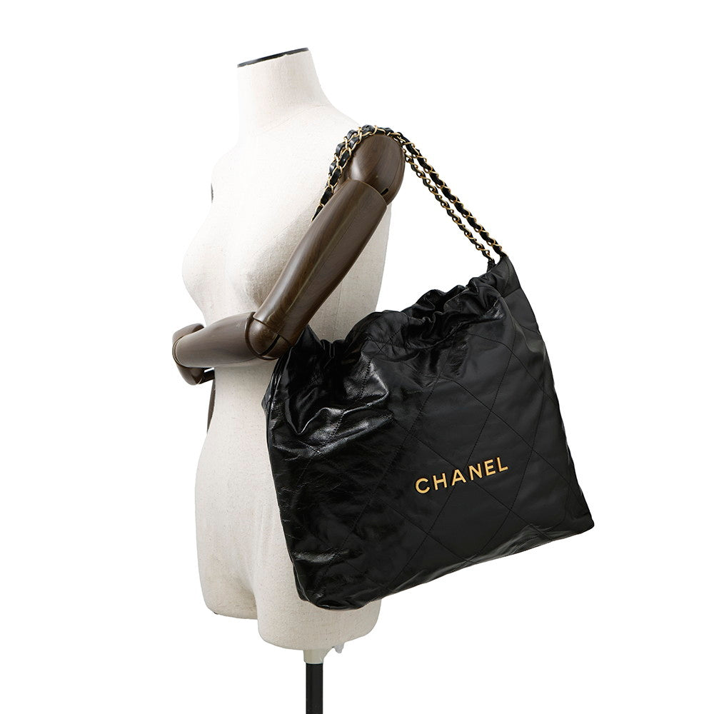 Chanel CHANEL22 BlackAS3261 Shiny Calf Leather Handbag