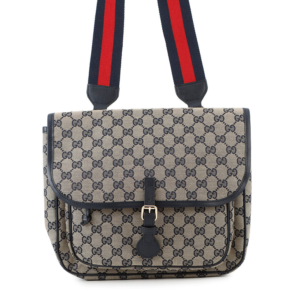 Gucci GG Children's Messenger Beige793823 Leather Canvas Navy Travel Bag