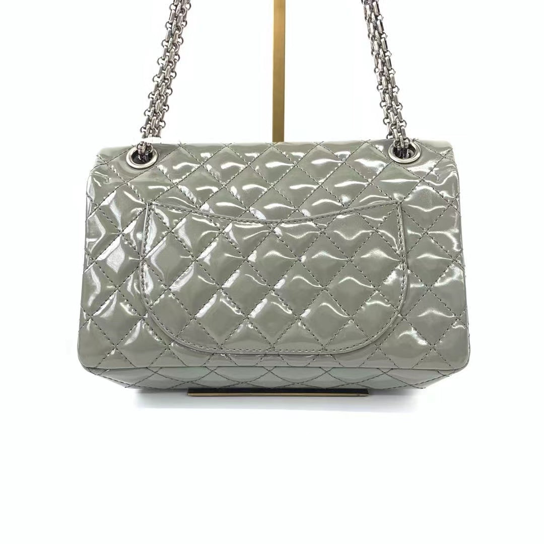 Chanel 2.55 Flap Patent Double Bottom Grey Small Leather Shoulder Bag