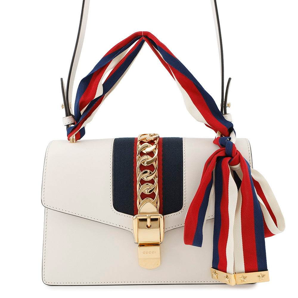 Gucci Sylvie White421882 Leather Canvas Shoulder Bag