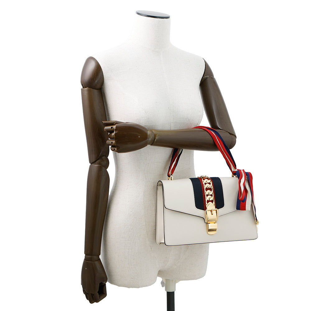 Gucci Sylvie White421882 Leather Canvas Shoulder Bag