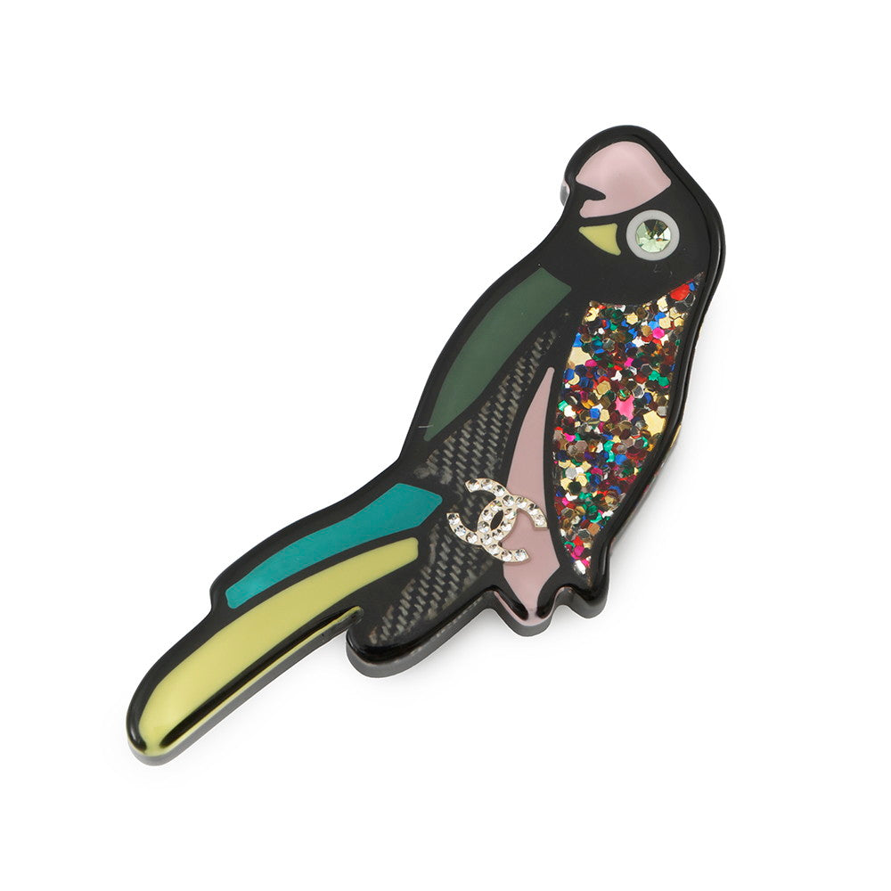Chanel Parrot CC Logo Brooch Plastic Multicolor Black Handbag