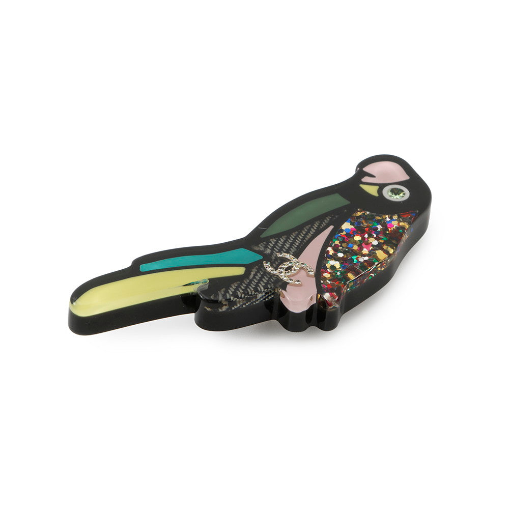 Chanel Parrot CC Logo Brooch Plastic Multicolor Black Handbag
