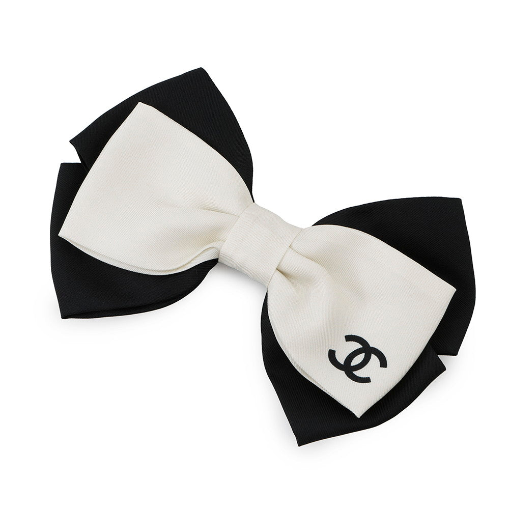 Chanel Ribbon CC Logo Barrette Silk Black White Handbag
