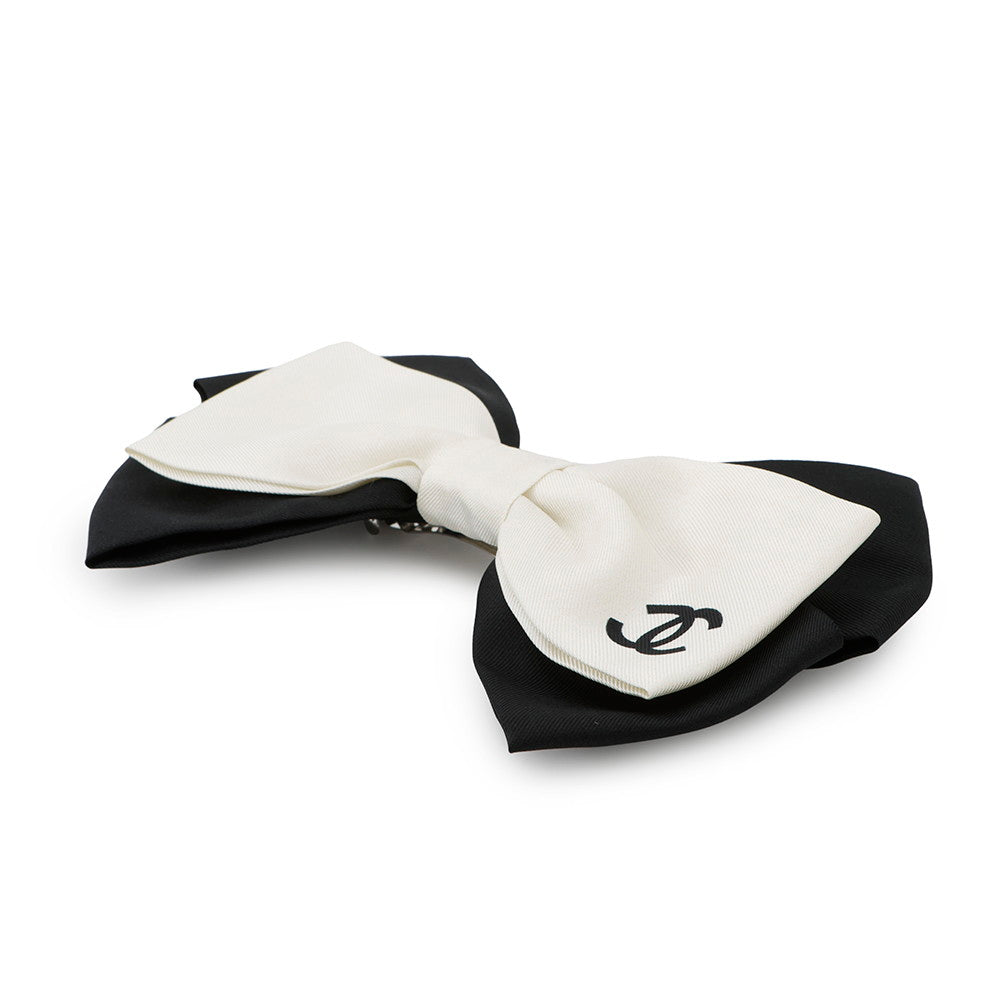 Chanel Ribbon CC Logo Barrette Silk Black White Handbag