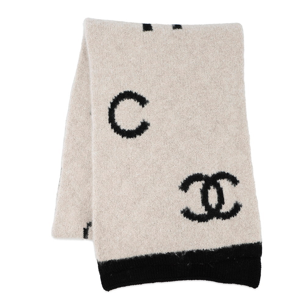Chanel Scarf Wool 44 Cashmere44 Silk12 Black Beige