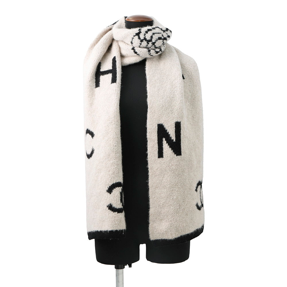 Chanel Scarf Wool 44 Cashmere44 Silk12 Black Beige