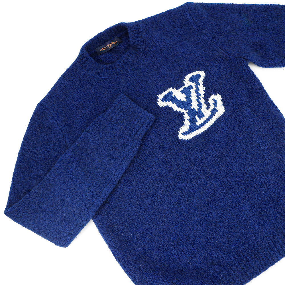 Louis Vuitton Intarsia Crew Neck Knit Sweater White Blue Apparel