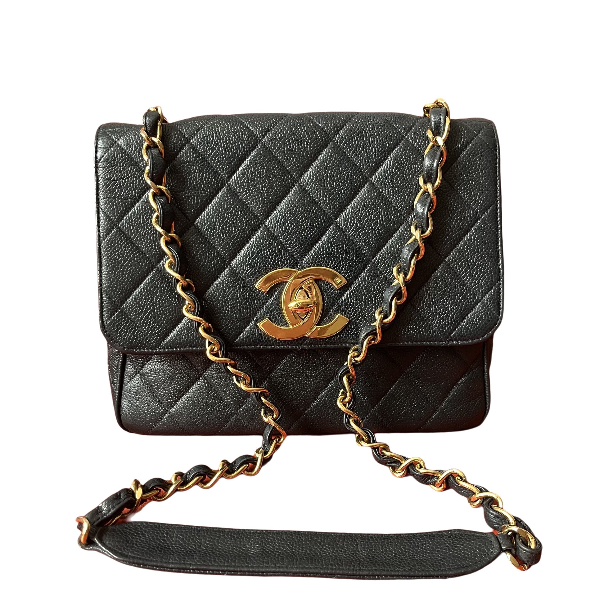 Chanel Classic Flap Navy Caviar 24k Plated Black Gold Leather Handbag