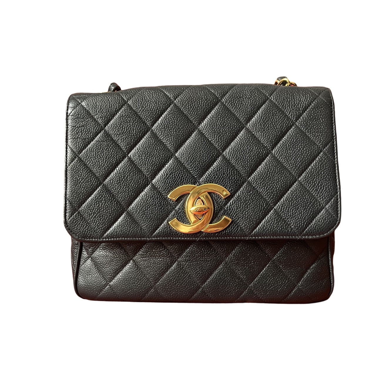 Chanel Classic Flap Navy Caviar 24k Plated Black Gold Leather Handbag
