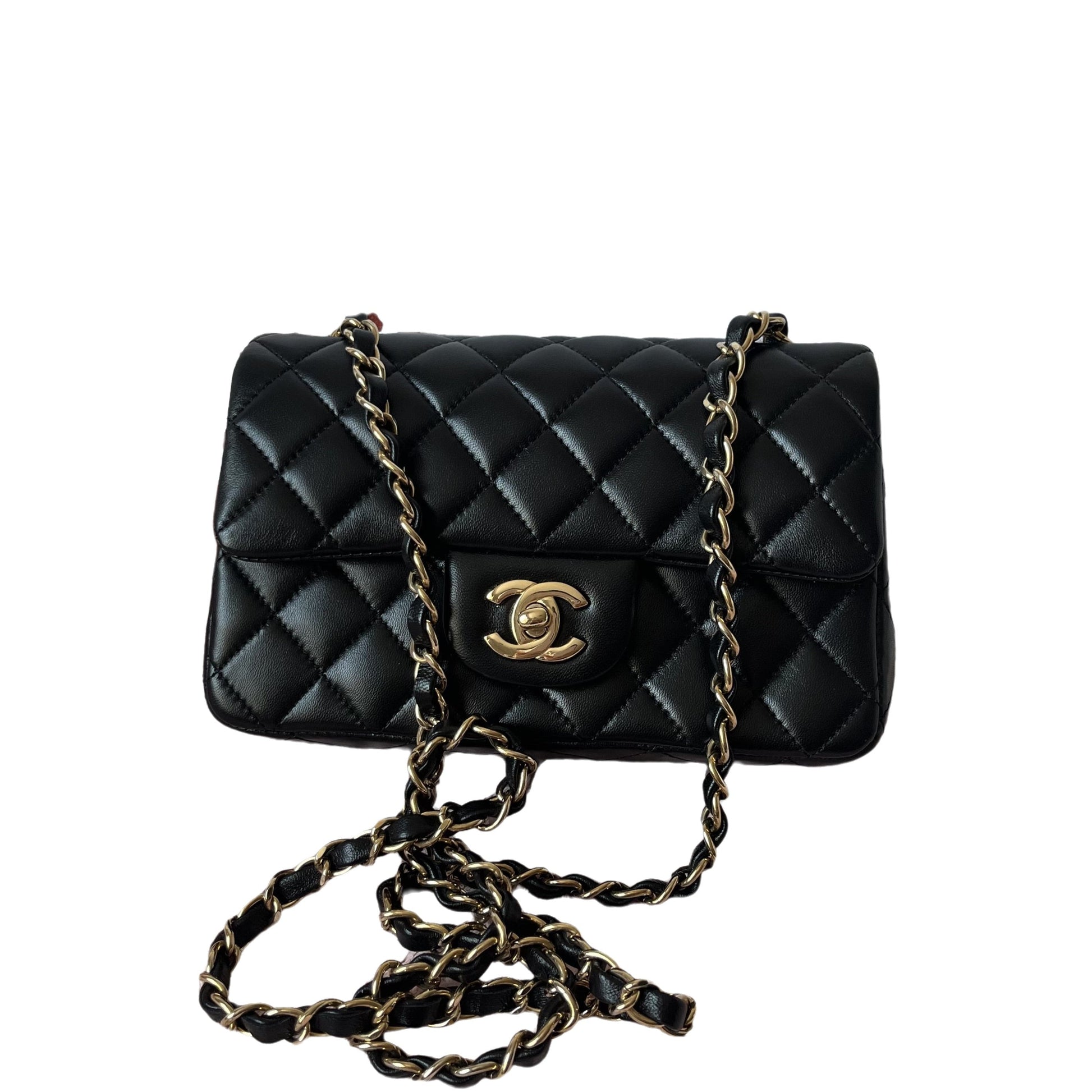 Chanel Classic Flap Rectangular Lambskin Hardware Black Gold Leather Mini Bag