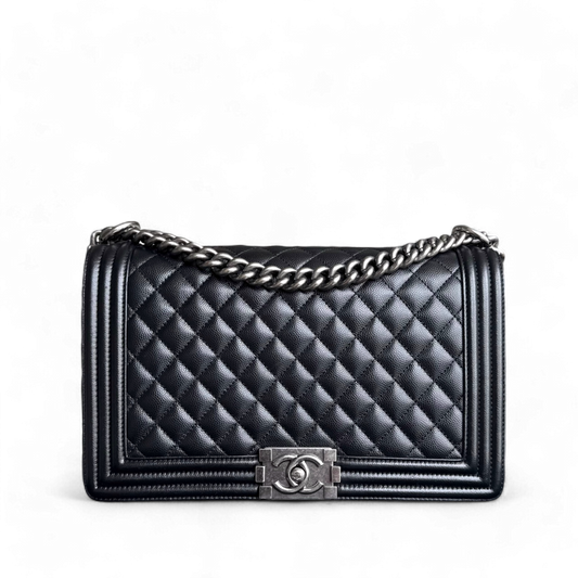 Chanel Boy Medium - Caviar 28CM Quilted Black Ruthenium Silver Hardware Series 28