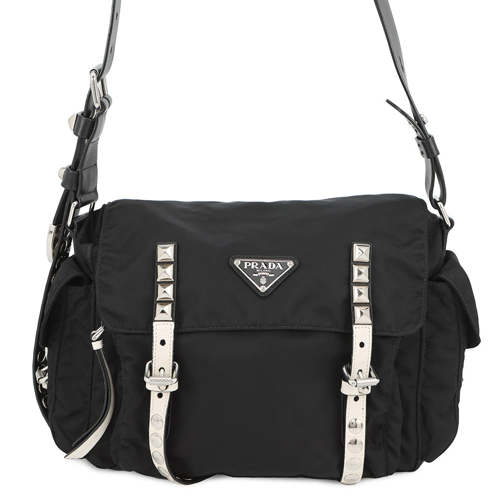 Prada Shoulder Bag Studded White1BD118 Leather Nylon Black