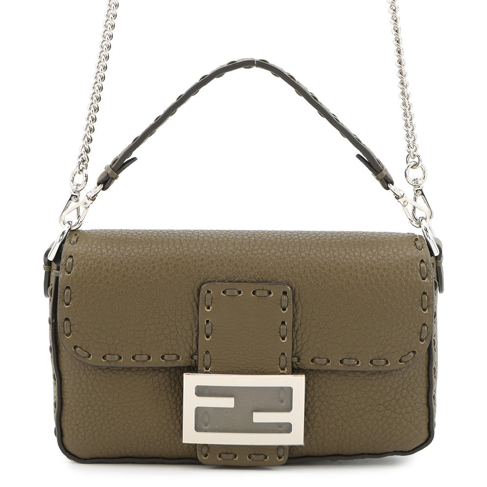 Fendi Baguette Selleria 2-Way Shoulder Bag Khaki8BS017 Leather Mini Chain