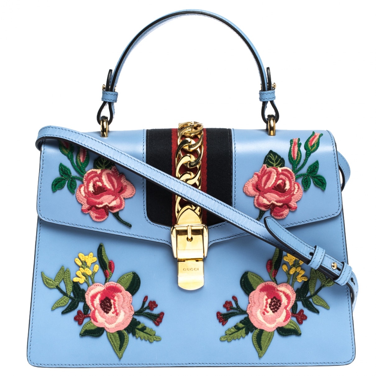 Gucci sylvie blue leather handbag