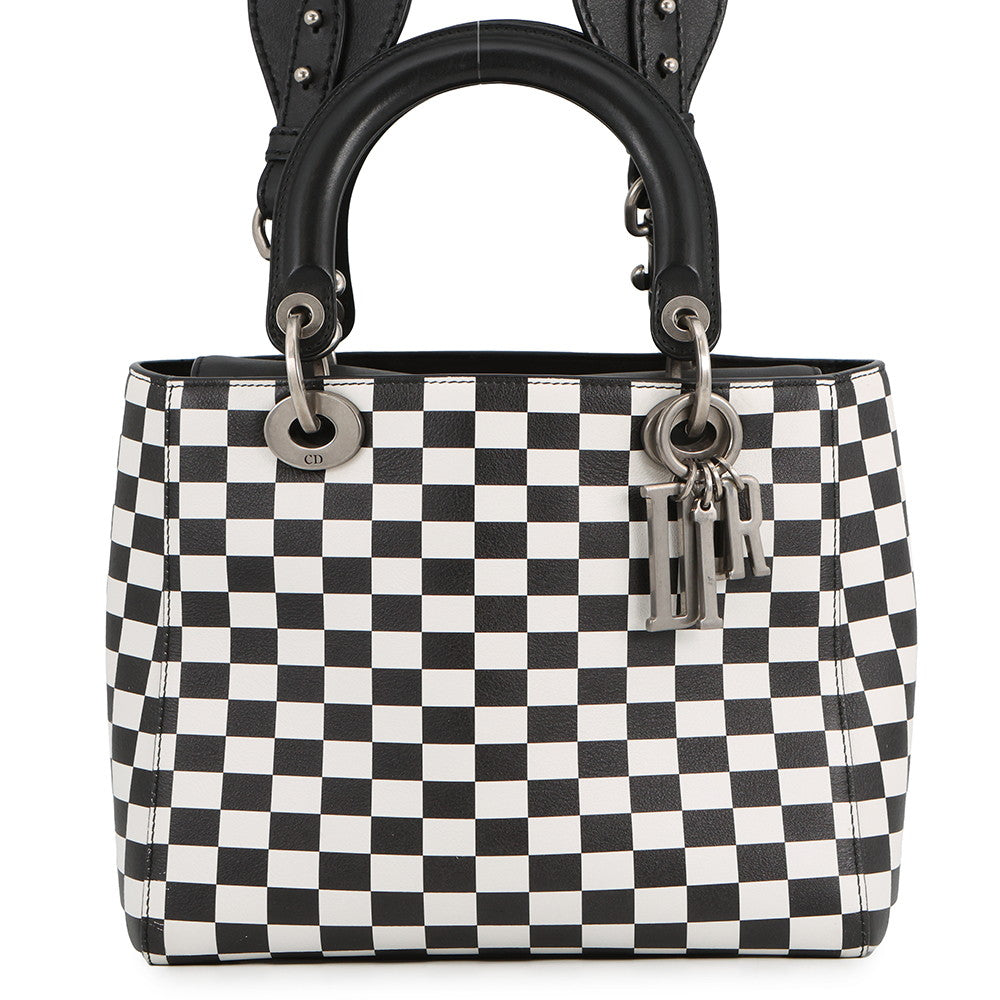 Dior Handbag Lady's Checkered 2-Way Bag Leather Black White