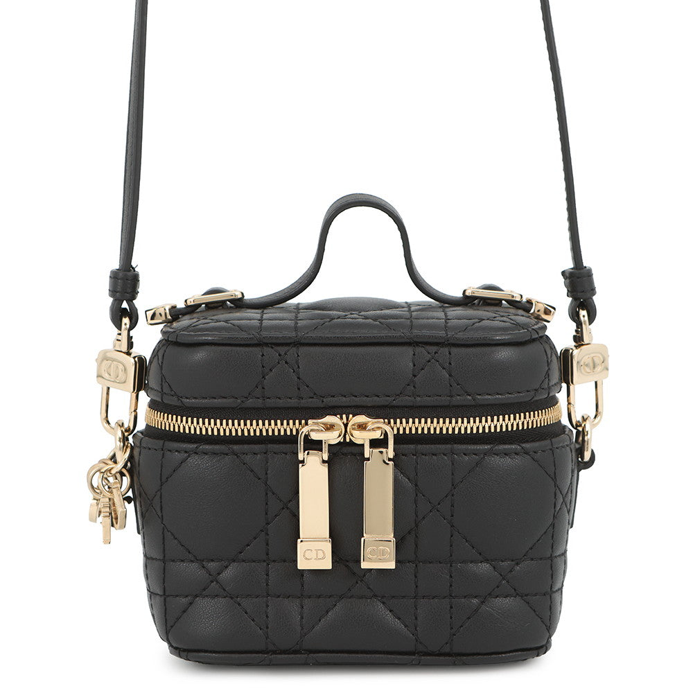 Dior Handbag Cannage 2-Way Vanity Shoulder Pouch Leather Black Shoulder Bag