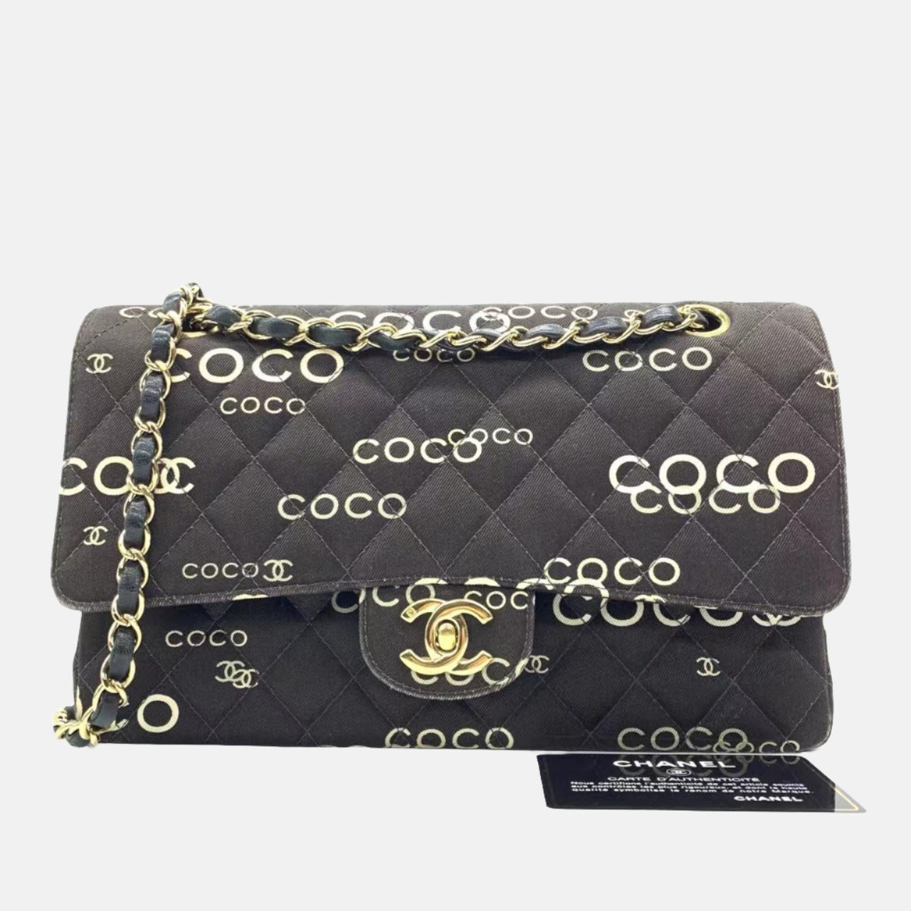 Chanel Classic Flap Diamond Stitch Denim Coco Black Gold Handbag
