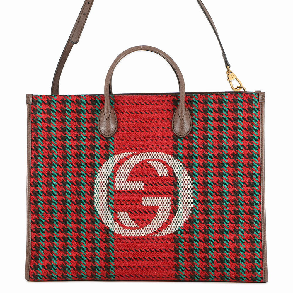 GUCCI Interlocking G Tote Bag Red/Brown/Multicolor644994 Tweed Leather