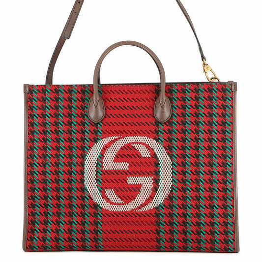 GUCCI Interlocking G Tote Bag Red/Brown/Multicolor644994 Tweed Leather