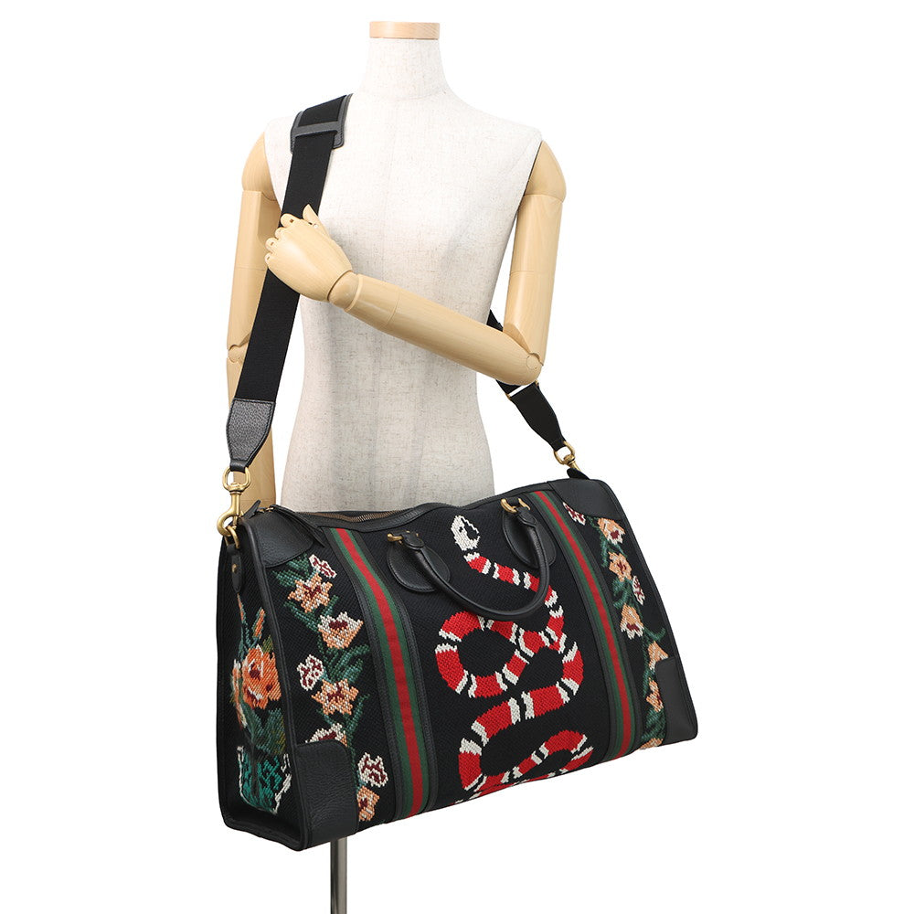 GUCCI Cherie Line Snake Travel Bag Black/Beige459291 Canvas Leather