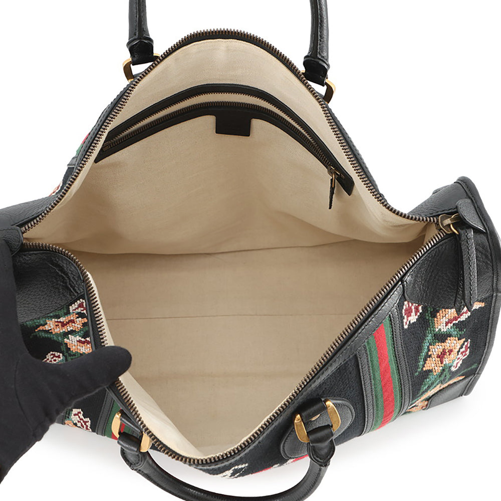 GUCCI Cherie Line Snake Travel Bag Black/Beige459291 Canvas Leather