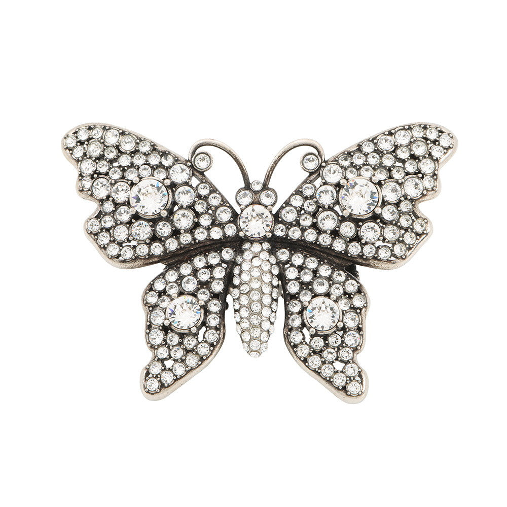 GUCCI Butterfly Double Finger Size S Silver Metal Rhinestone