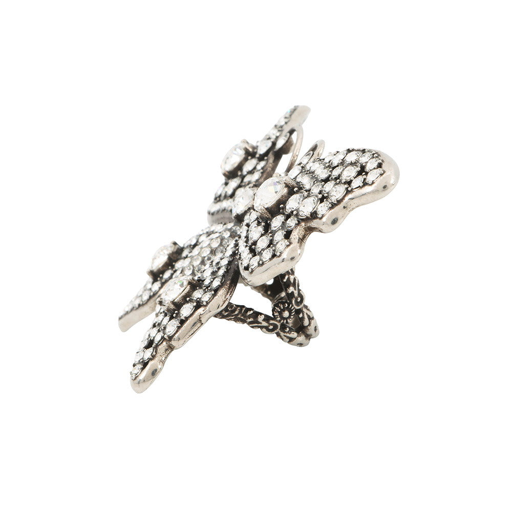GUCCI Butterfly Double Finger Size S Silver Metal Rhinestone