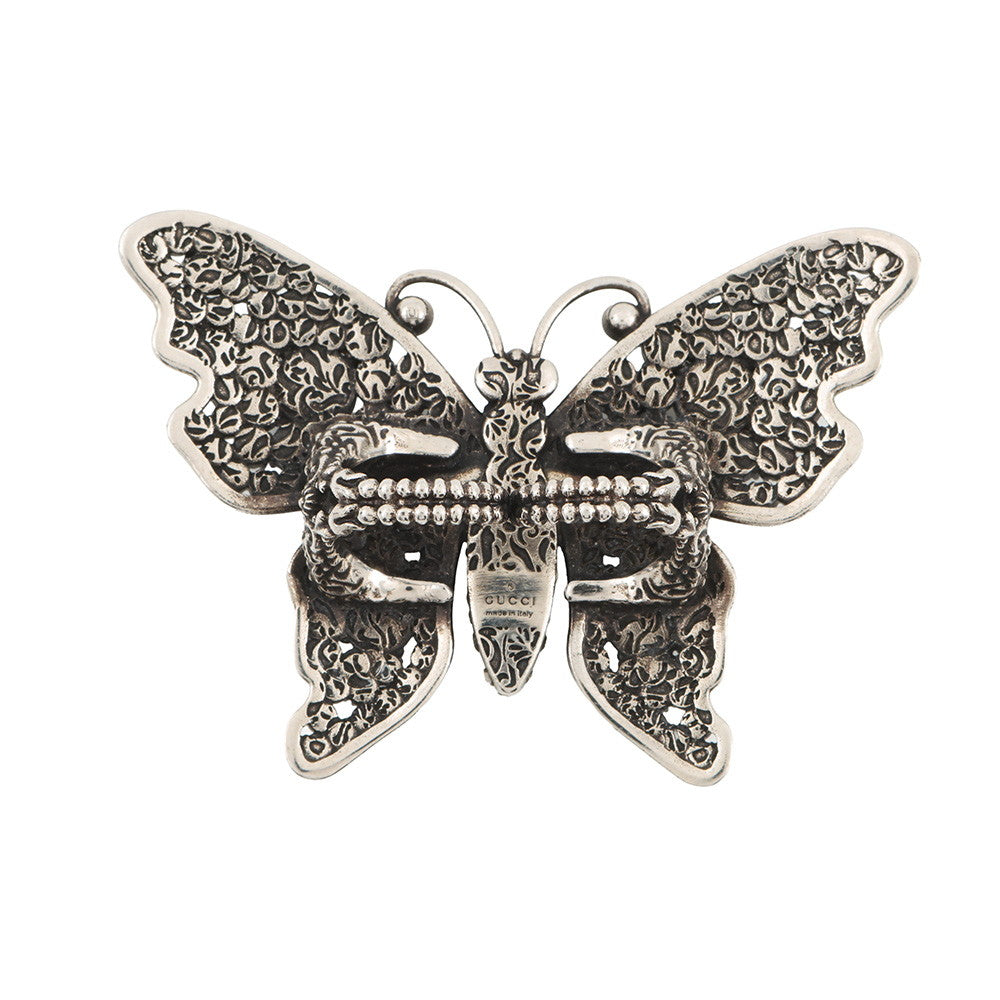GUCCI Butterfly Double Finger Size S Silver Metal Rhinestone