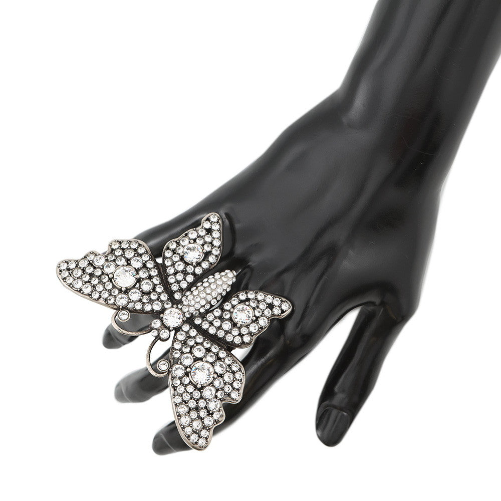 GUCCI Butterfly Double Finger Size S Silver Metal Rhinestone