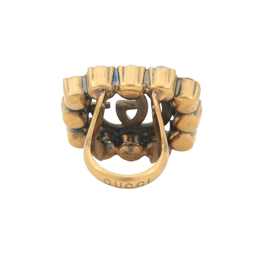 GUCCI Logo Ring Size XS Gold Metal Rhinestone