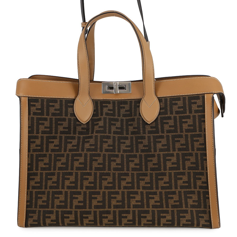 Fendi Peekaboo I See You Zucca Forty 8 Camel Leather Canvas Brown Handbag