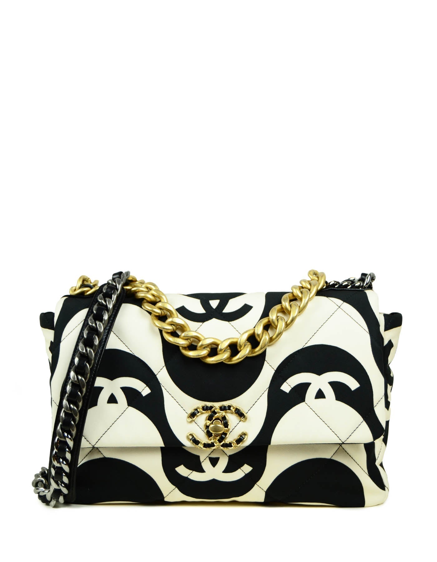 Chanel Black/ Ecru Fabric Cc Printed Large 19 Flap Bag