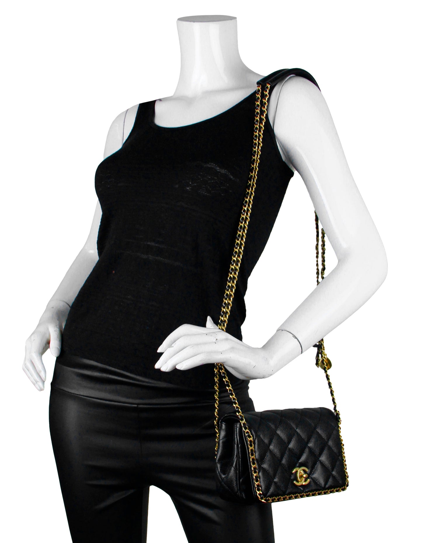 Chanel 2022 Black Caviar Quilted Chain Around Mini Flap Women Shoes