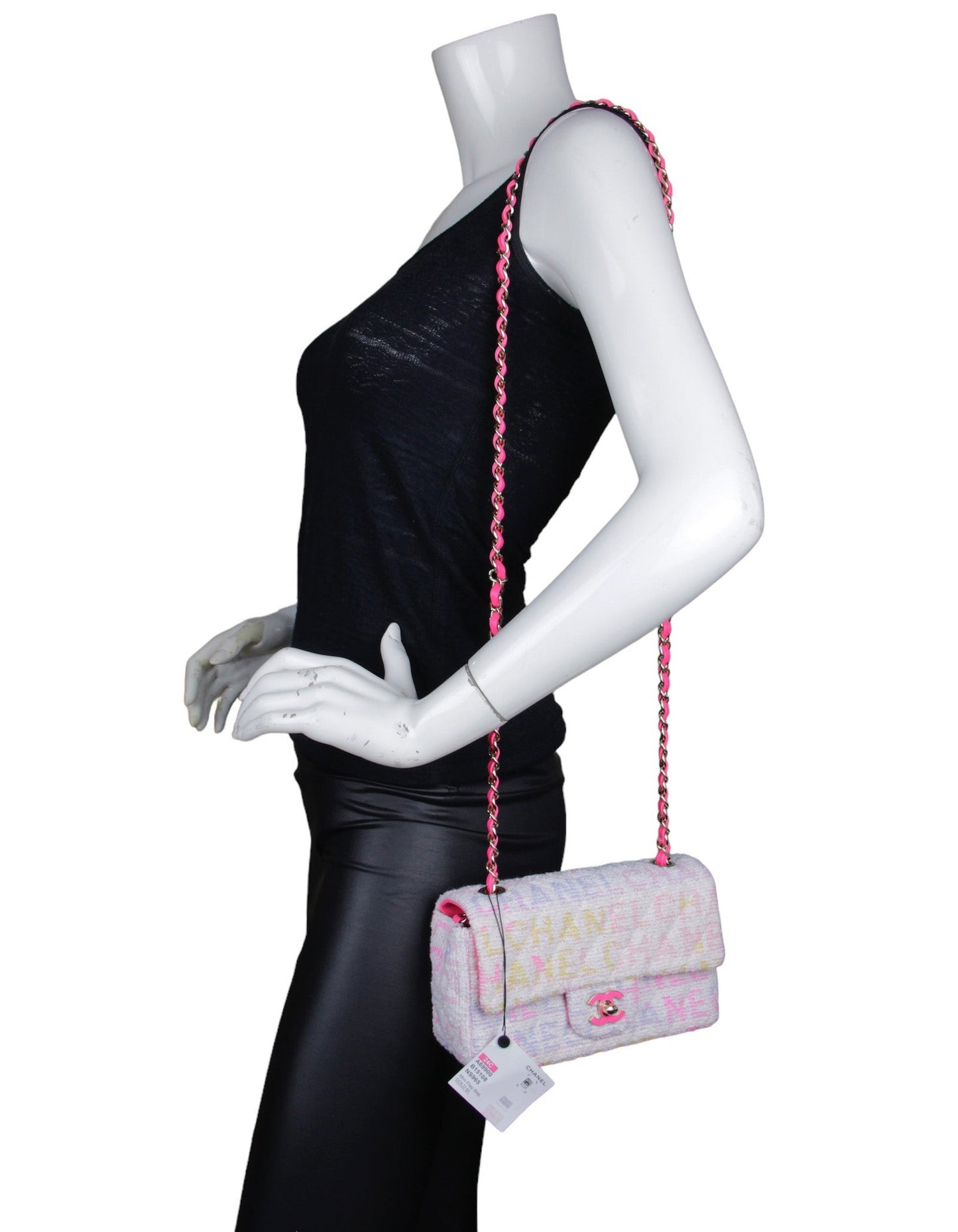 Chanel 2024 White Tweed Chanel Print Rectangular Mini Flap Handbag