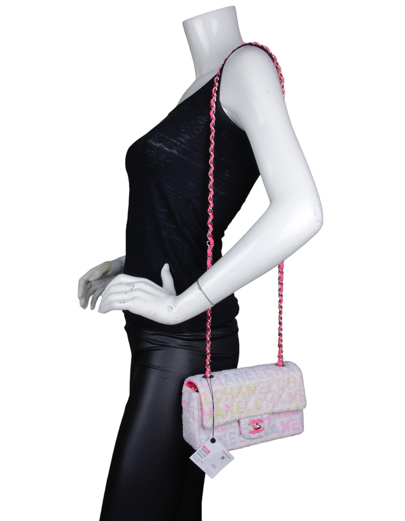Chanel 2024 White Tweed Chanel Print Rectangular Mini Flap Handbag