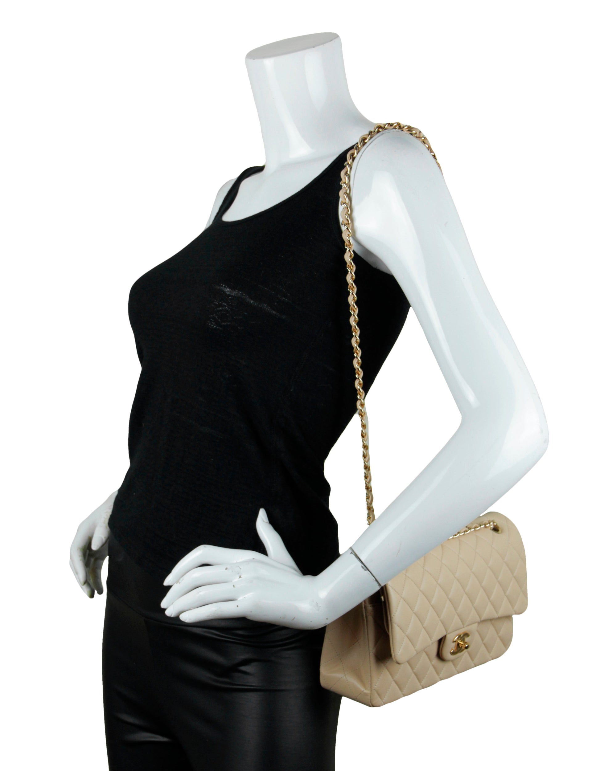 Chanel Beige Lambskin Medium Double Flap Ghw Bag