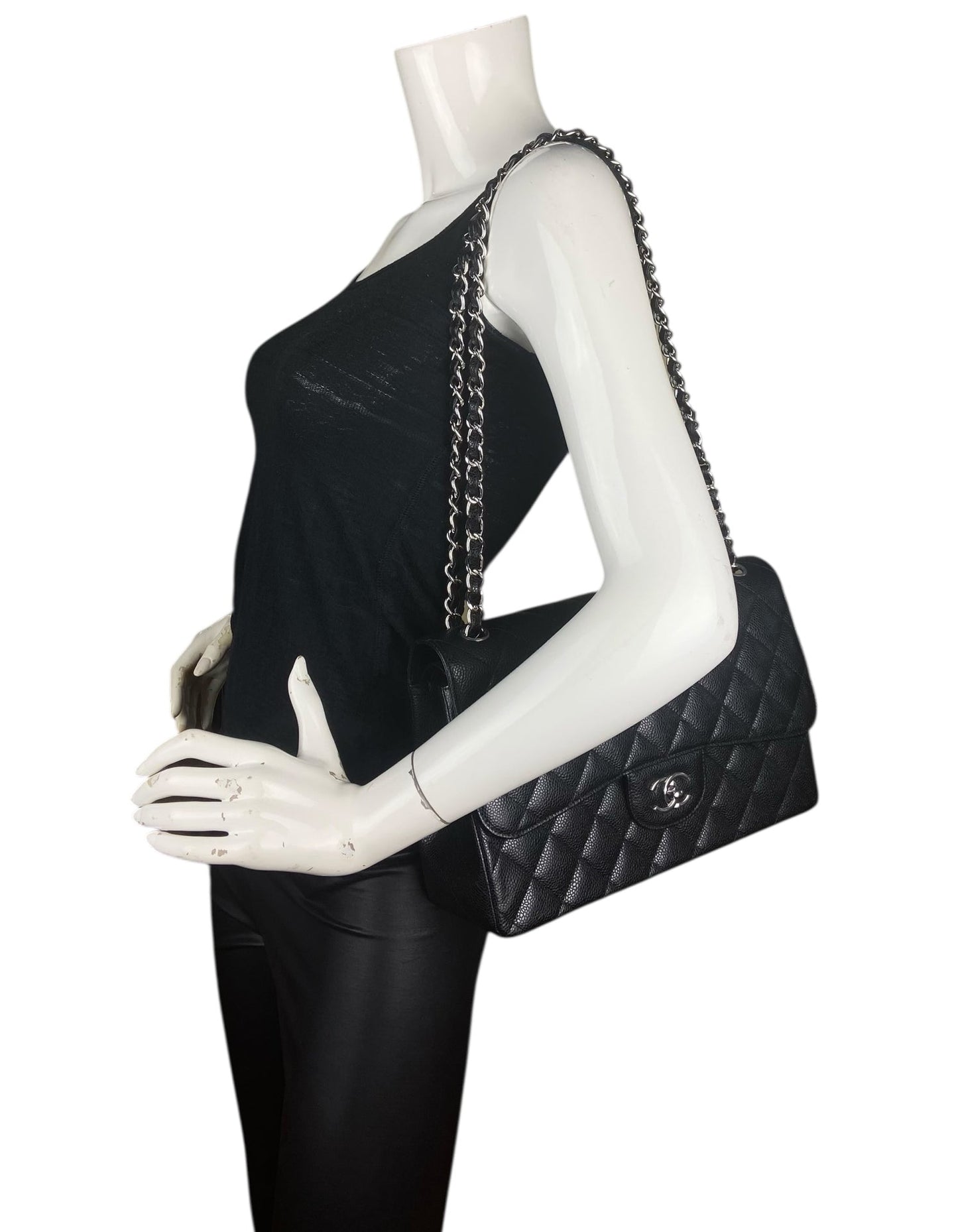 Chanel Black Caviar Leather Double Flap Jumbo Women Shoes