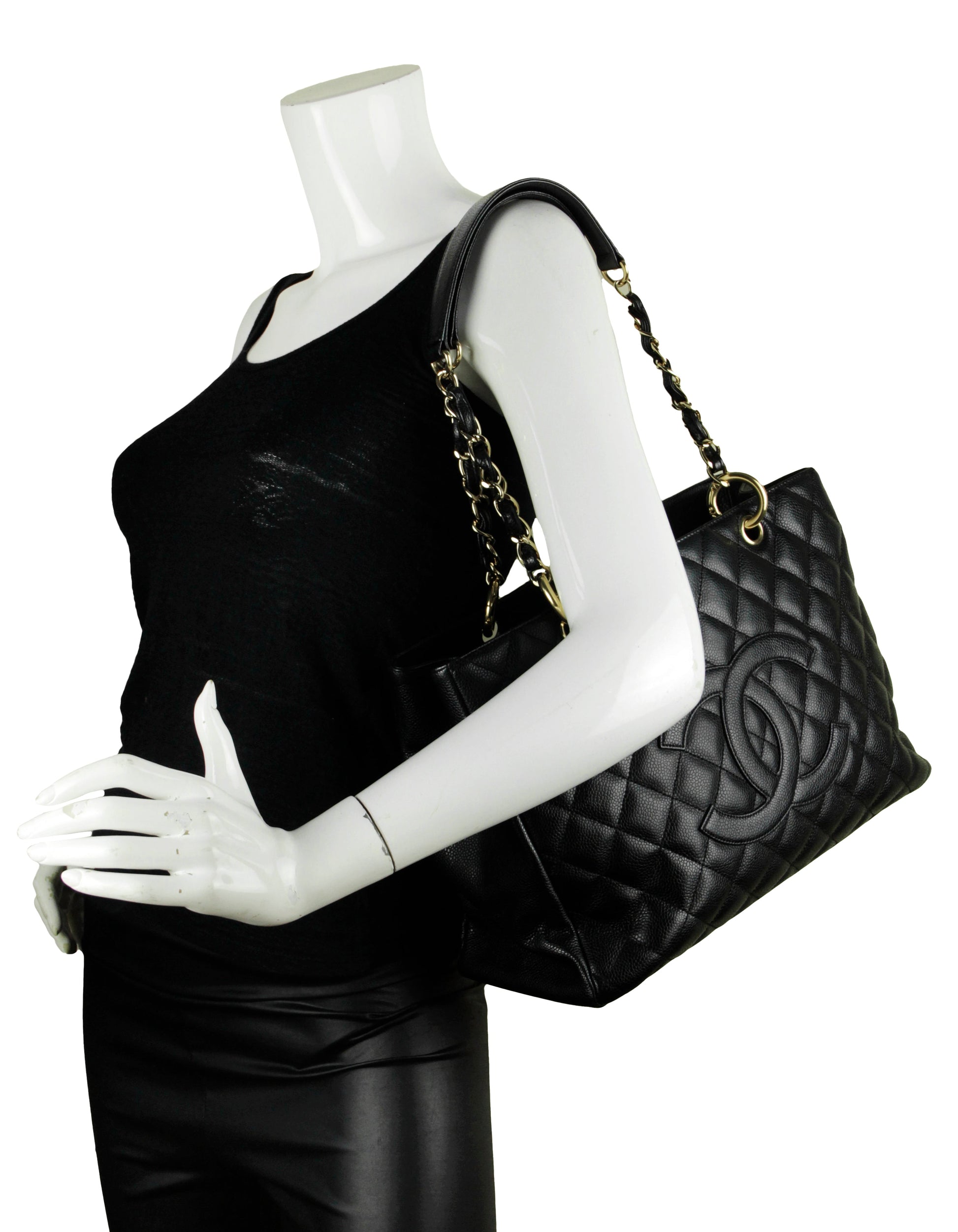Chanel Black Caviar Leather Quilted Grand Shopper Gst Women Shoes