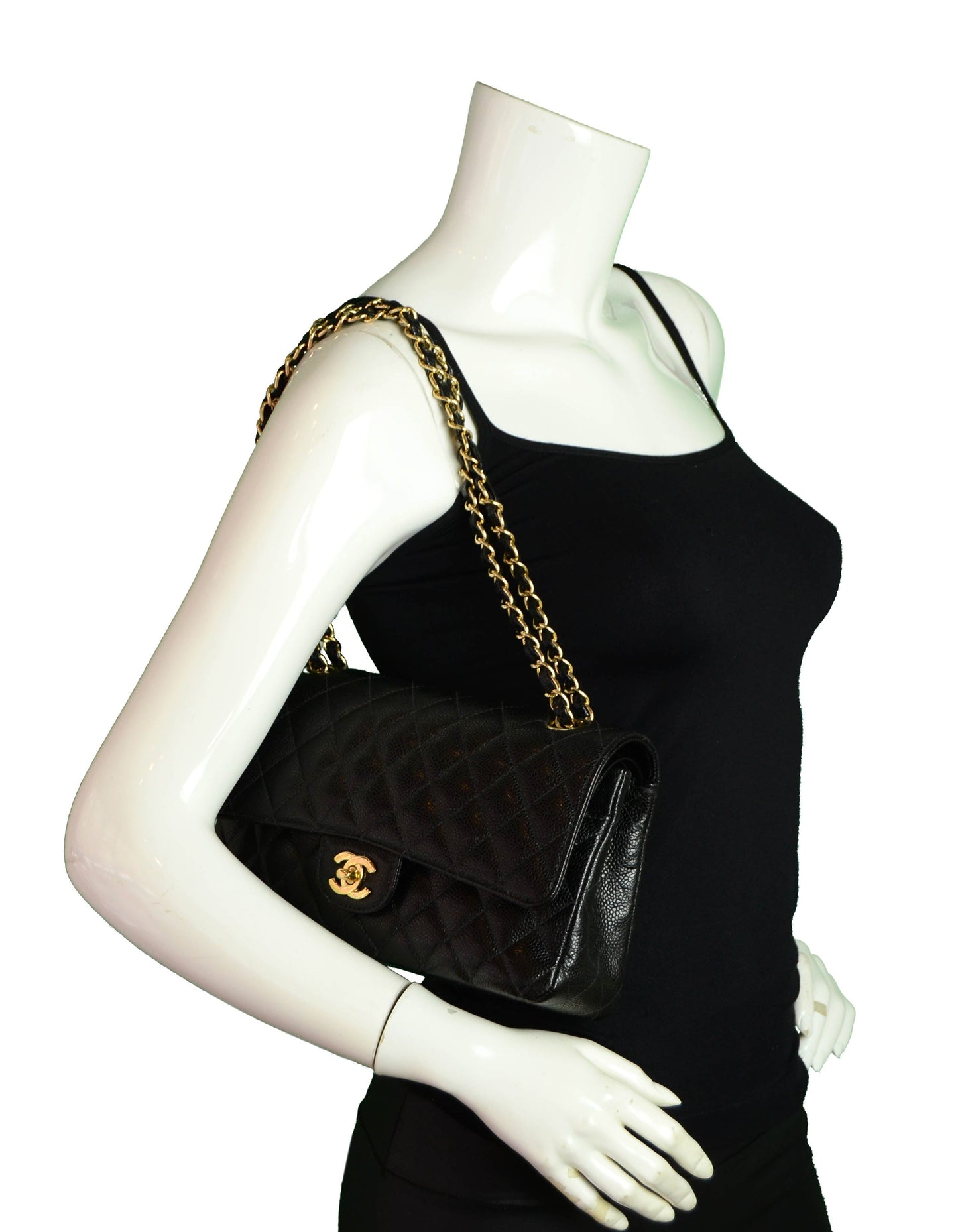 Chanel Black Caviar Leather 10" Medium Double Flap Classic Bag