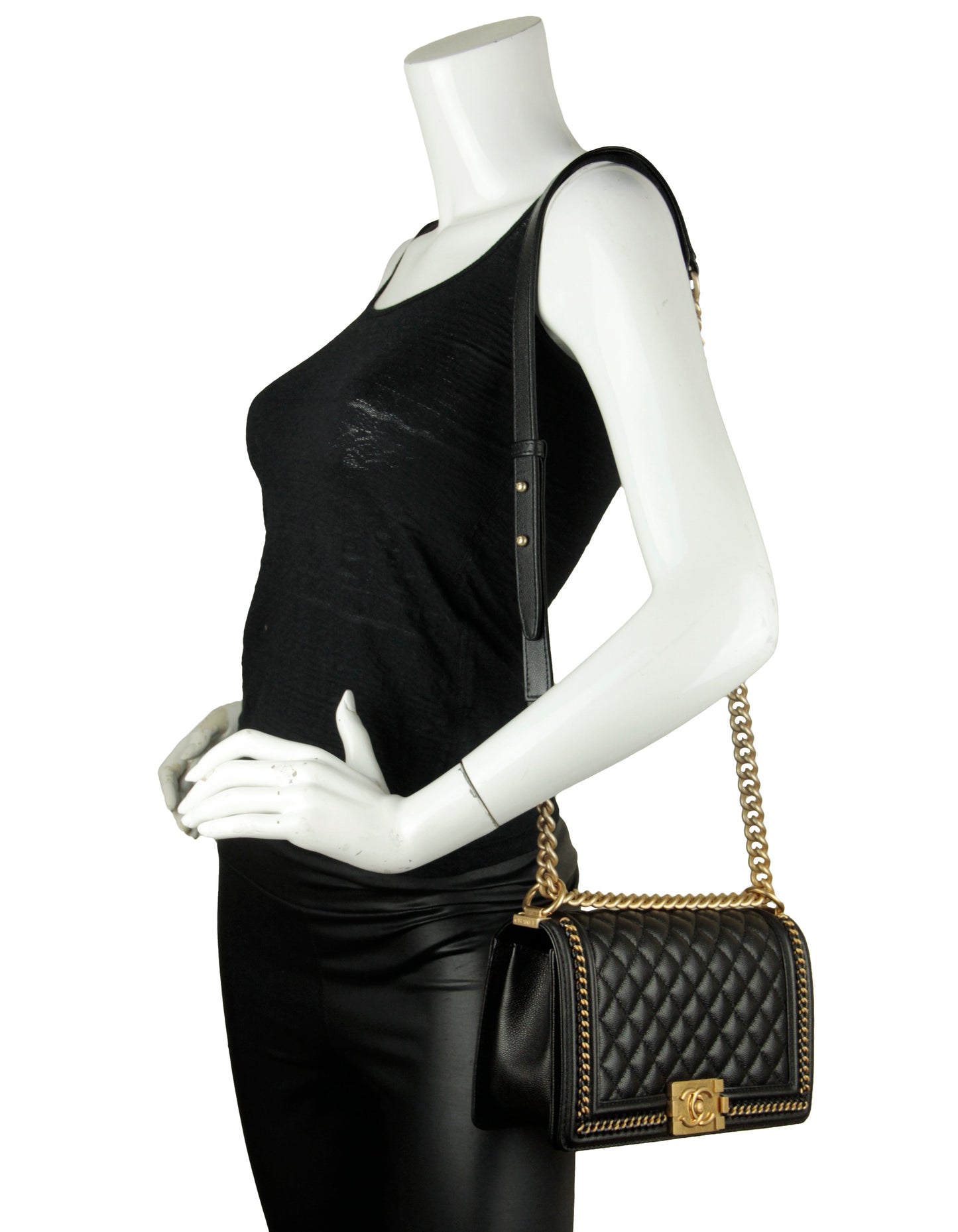 Chanel Black Caviar Quilted Medium Chain Through Boy Flap Handbag