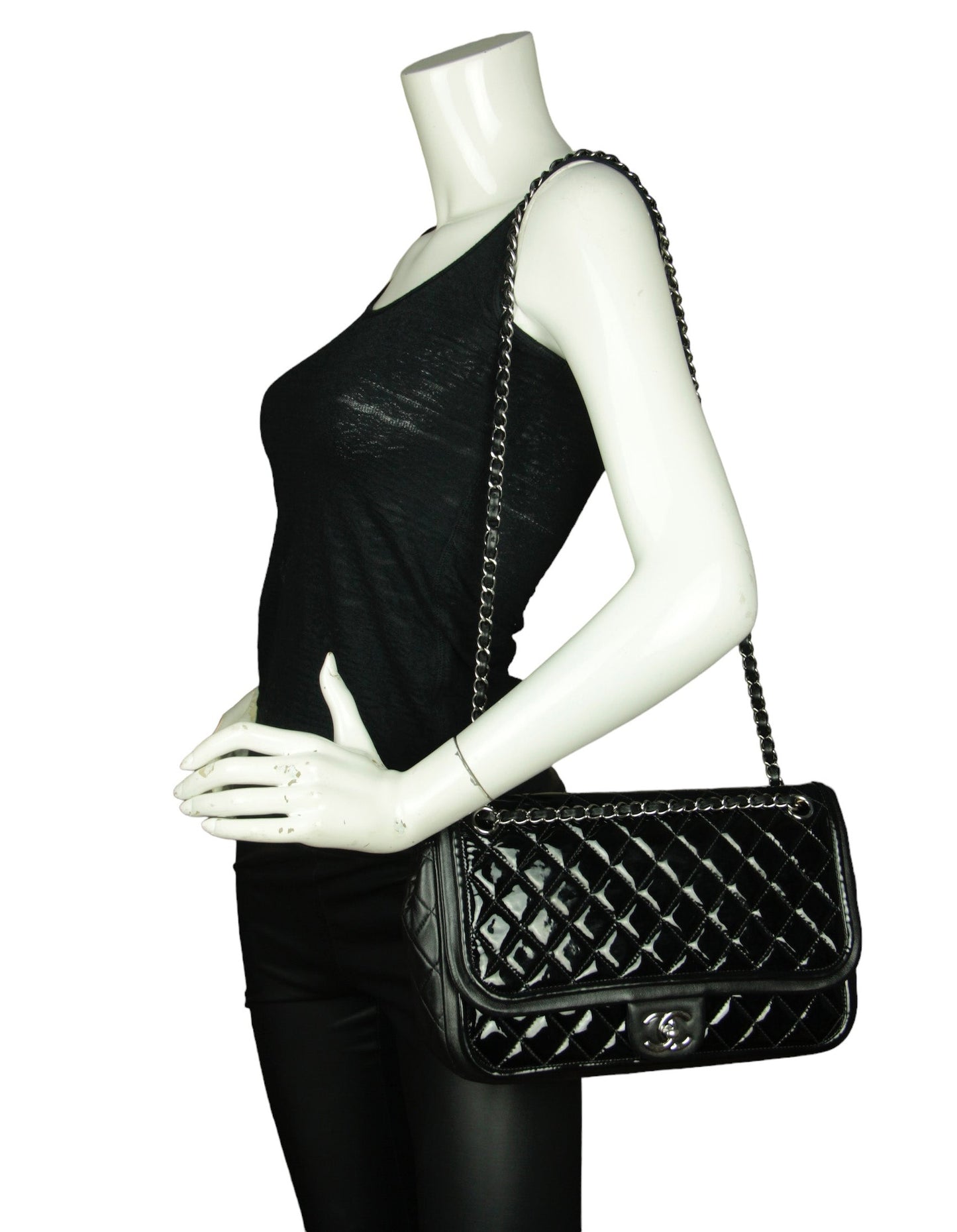Chanel Black Classic Twist Patent Flap W/ Lambskin Trim Women Shoes