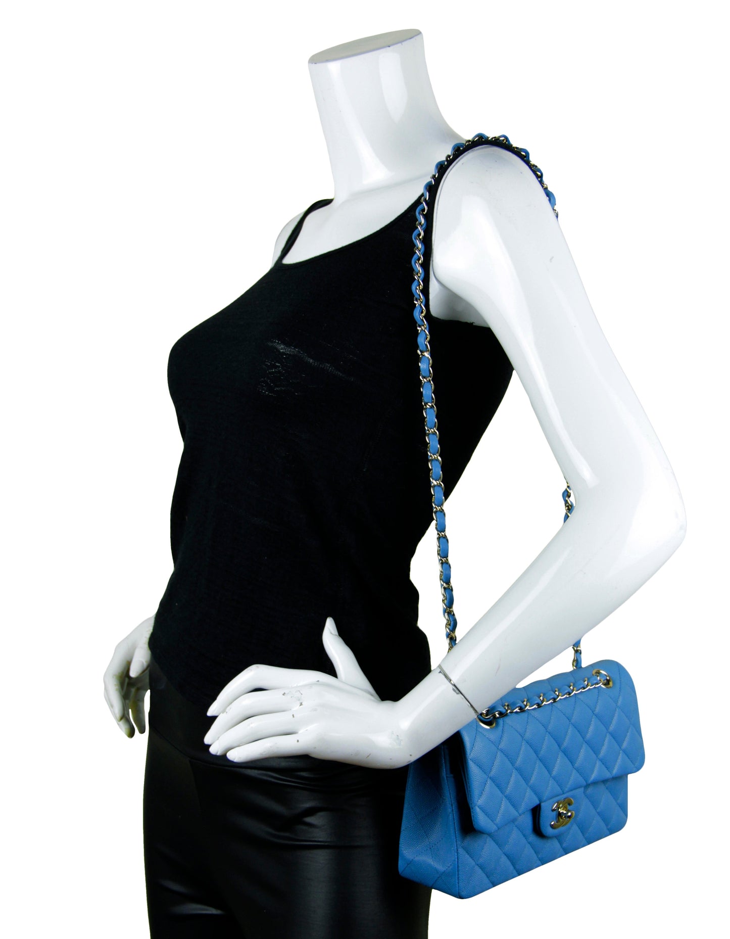Chanel Blue Caviar Leather Quilted Small Double Flap Classic Women Shoes