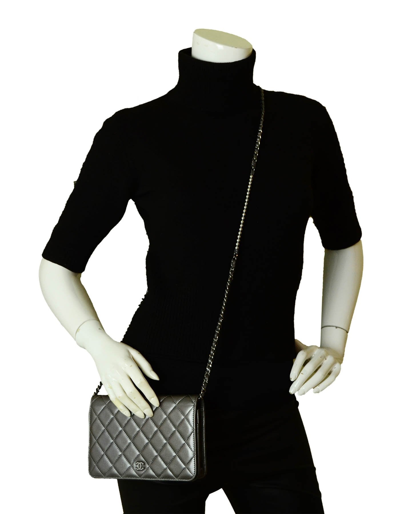 Chanel Silver Lambskin Pearl Wallet on Chain WOC Crossbody Bag