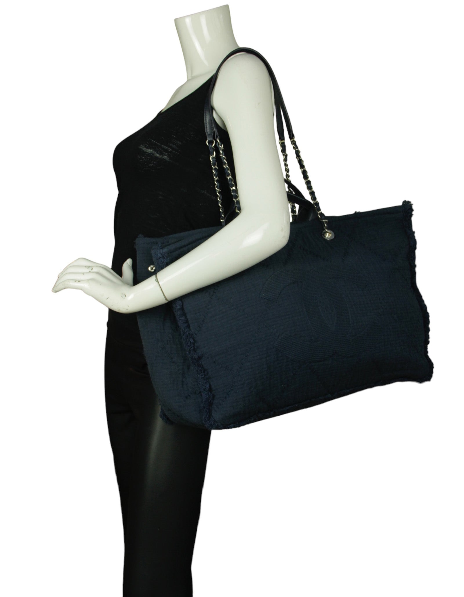 Chanel Navy Canvas Extra Large Double Face Shopping Women Shoes
