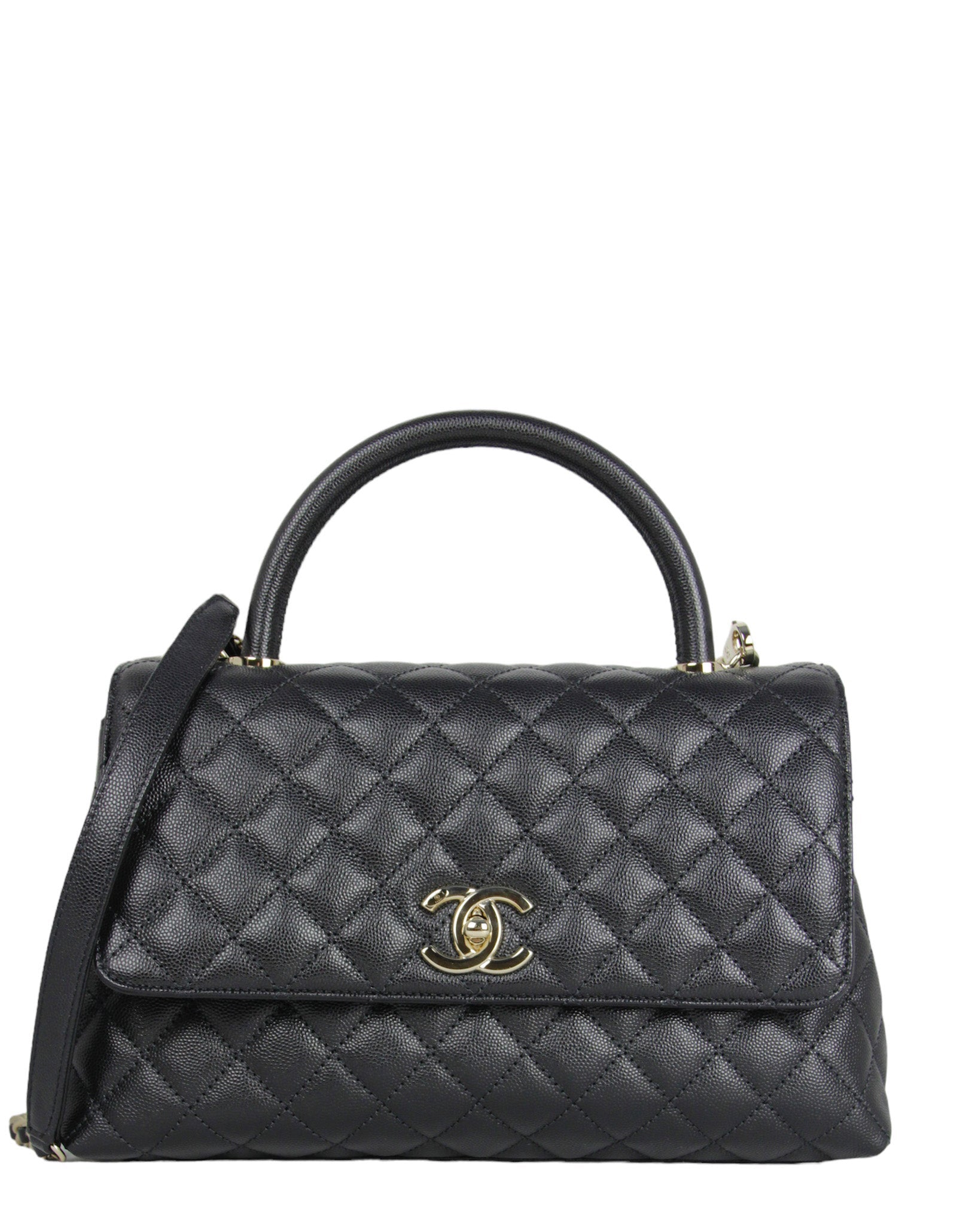 10CHANEL Black Caviar Leather Quilted Coco Handle Flap Bag 100